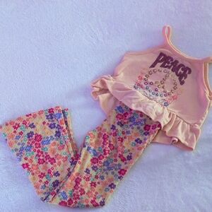 Colorful Peace Sign Top and Floral Bell Bottom Pant Set
